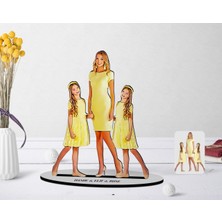 BK Kişiye Özel Tam Boy Anne ve Ikiz Çocuklar Karikatürlü Ahşap Biblo Model-1