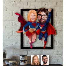 BK Kişiye Özel Süper Sevgililer Karikatürlü 3D Ahşap Tablo-2