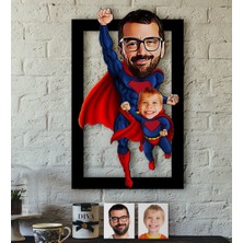 BK Kişiye Özel Süper Baba-Çocuk Karikatürlü 3D Ahşap Tablo