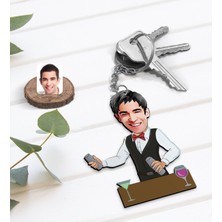 BK Kişiye Özel Barmen Karikatürlü Ahşap Anahtarlık-1