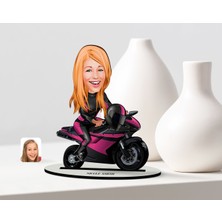 BK Kişiye Özel Kadın Motorcu Karikatürlü Ahşap Biblo Model