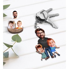 BK Kişiye Özel Baba Oğul Kız Karikatürlü Ahşap Anahtarlık-1