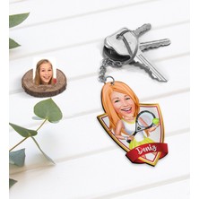 BK Kişiye Özel Isimli Kadın Tenis Oyuncusu Karikatürlü Ahşap Anahtarlık-2