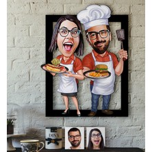 BK Kişiye Özel Aşçı Çift Karikatürlü 3D Ahşap Tablo