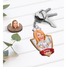 BK Kişiye Özel Isimli Hemşire Karikatürlü Ahşap Anahtarlık-1