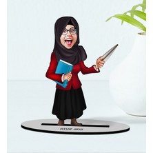 BK Kişiye Özel Tesettürlü Kadın Öğretmen Karikatürlü Ahşap Biblo Model-2