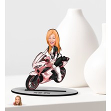 BK Kişiye Özel Kadın Motorcu Karikatürlü Ahşap Biblo Model-2