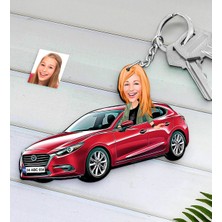 BK Kişiye Özel Bayan Mazda 3 Figürlü Plakalı Ahşap Karikatür Anahtarlık-1