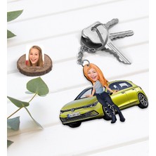 BK Kişiye Özel Kadın Vw Golf Figürlü Plakalı Ahşap Karikatür Anahtarlık-2