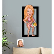 Bk Gift Kişiye Özel Tatilci Kadın Karikatürlü 3D Ahşap Tablo-1