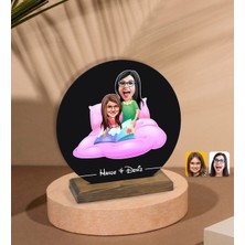 BK Kişiye Özel Anne Kız Karikatürlü Yuvarlak Ahşap Biblo-3