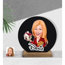 BK Kişiye Özel Kadın Emlakçı Karikatürlü Yuvarlak Ahşap Biblo-2