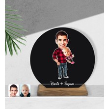 BK Kişiye Özel Baba Oğul Karikatürlü Yuvarlak Ahşap Biblo-3