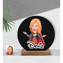 BK Kişiye Özel Süper Girl Karikatürlü Yuvarlak Ahşap Biblo-1