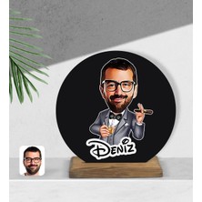 BK Kişiye Özel Erkek Patron Karikatürlü Yuvarlak Ahşap Biblo-3