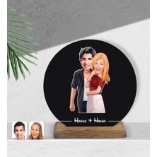 BK Kişiye Özel Sevgililer Karikatürlü Yuvarlak Ahşap Biblo-90