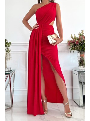 Shopeggy Uzun Büzgü Model Kadın Elbise - Kırmızı (Yurt Dışından)