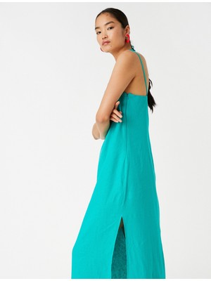 Koton Yırtmaçlı Askılı Uzun Elbise Keten Karışımlı