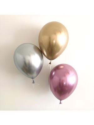 Hknys 50 Adet Altın-Gümüş-Pempe   Krom Balon (Aynalı Balon)Balon Bandı+5 Metre Balon Zinciri