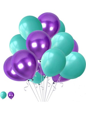 Hknys  12 Adet Metalik Sedefli Su Yeşili-Mor Balon, Helyumla Uçan-Dogum Günü-Parti