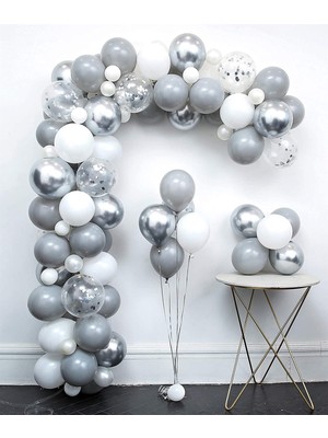 80  Adet Gri Beyaz Şeffaf  Gümüş Konfetili  Krom Balon Seti Balon Zinciri Hediyeli