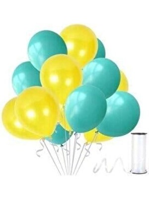  75 Adet Metalik Sedefli Su Yeşili-Sarı Balon,+5 Metre Balon Zinciri