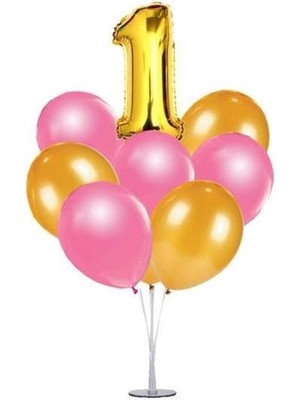  7'li Şeffaf  Ayaklı Balon Standı - Gold 8 Yaş Folyo  Balon -6 Adet Metalik Balon -Dogum Günü