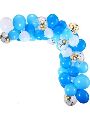 50 Adet Mavi Beyaz Altın Konfetili Metalik Dogun Günü Parti Balon Seti Balon Zinciri Hediyeli