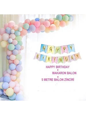Hknys 150 Makaron Pastel Balon Seti +Happy Bırthday Yazısı Makaron + 5 Metre Balon Zinciri