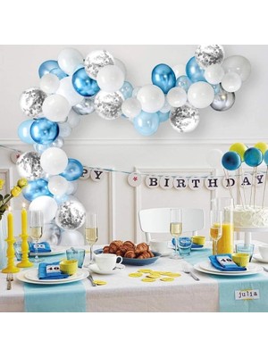 75 Adet Mavi Beyaz Krom  Zincir Gümüş  Balon Konfetili Balon Seti Balon Zinciri 5 Metre