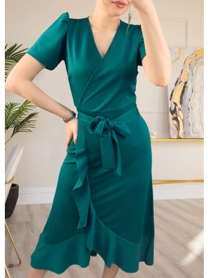 Krep Kumaş Midi Boy Kuşaklı Elbise (Renk Seçenekli)