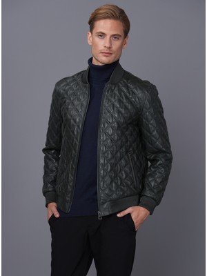 Basics & More Erkek Deri Ceket Hakiki Deri Düz Desenli Kapitoneli Şıklık