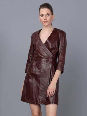 Basics & More Kadın Bordo Deri Elbise