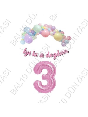 Bal10 Dünyası Iyiki Doğdun Yazılı Kaligrafi Banner Makaron Balon Seti 3 Yaş Pembe Set Doğum Günü