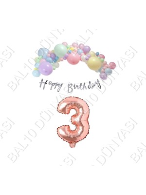 Bal10 Dünyası Happy Bırthday Gümüş Yazılı Kaligrafi Banner Makaron Balon Seti 3 Yaş Rose Gold Set Doğum Günü