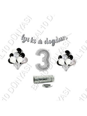 Bal10 Dünyası Rafya Ipli 3 Yaş Gümüş Folyo Balon Iyiki Doğdun Yazılı Banner Balon Set Doğum Günü