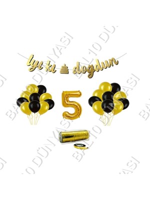Bal10 Dünyası Rafya Ipli 5 Yaş Gold Folyo Balon Iyiki Doğdun Yazılı Banner Balon Set Doğum Günü