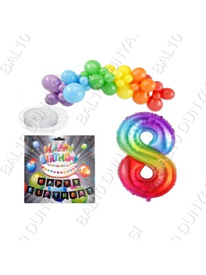 Bal10 Dünyası Iyiki Doğdun Yazılı Banner 8 Yaş Gökkuşağı Temalı Balon Seti Doğum Günü