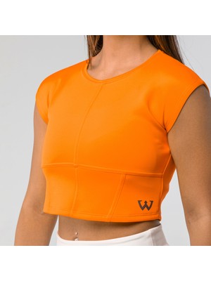 Wiawi Kadın Spor Fit Rahat Tişört Esnek Crop Top - Brave Turuncu