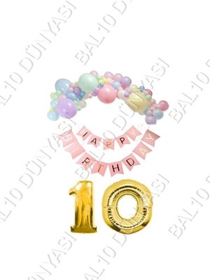 Bal10 Dünyası Happy Bırthday Yazılı Banner Makaron Balon Seti 10 Yaş Gold Set Doğum Günü