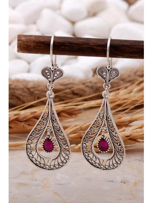 Sümer Telkari Kök Yakut Taşlı Damla Telkari Elişi Gümüş Küpe 5769