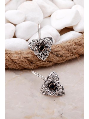 Sümer Telkari Safir Taşlı Telkari Açelya Çiçeği Gümüş Küpe 5787