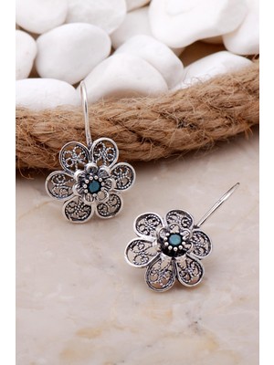 Sümer Telkari Turkuaz Taşlı Çiçekli Telkari Elişi Gümüş Küpe 5785