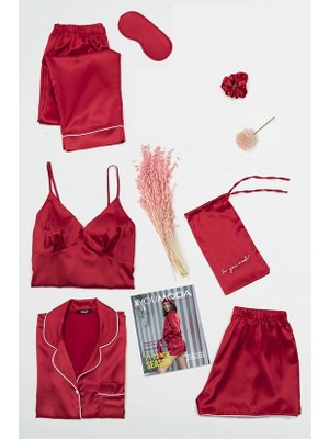For You Moda Kadın Saten 7 li Büstiyerli Kırmızı Pijama Takımı S26763