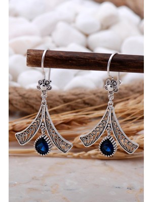 Sümer Telkari Safir Taşlı Telkari Elişi Gümüş Küpe 5770