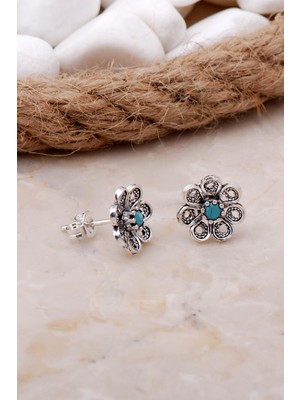 Sümer Telkari Turkuaz Taşlı Çiçekli Telkari Elişi Gümüş Küpe 5796