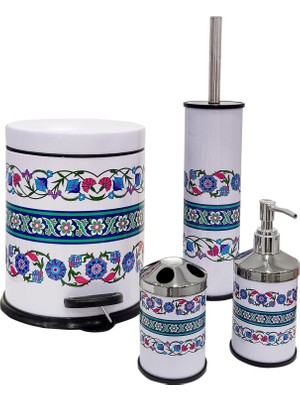 Siliwax Rumi Desen-4 Lü Set Pedallı  Yavaş Kapanır Çöp Kovası Wc Klozet Fırça Sabunluk Diş Fırçalık Seti