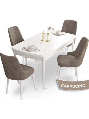 Canisa Concept Taç Serisi, 80X132 Açılabilir Beyaz Mutfak Masa Takımı , 4 Sandalye, Gold Halkalı