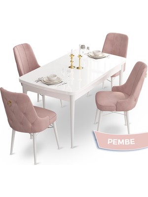 Canisa Concept Taç Serisi, 80X132 Açılabilir Beyaz Mutfak Masa Takımı , 4 Sandalye, Gold Halkalı