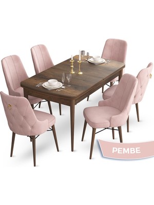 Canisa Concept Taç Serisi 80 x 132 cm Açılabilir Barok Ahşap Desen Masa Takımı 6 Sandalye Gold Halkalı